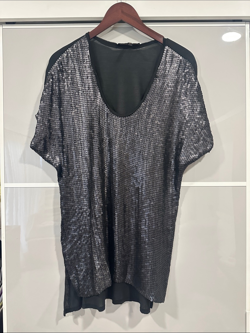 BCBGMaxAzria Black Sequin Scoop Neck Top